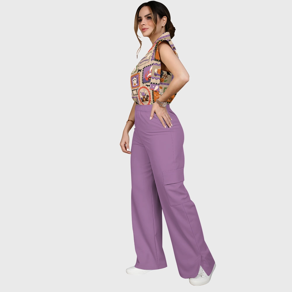 Women's Stand-Up Tie Zipper Halloween Printed Scrub Set SJ91735