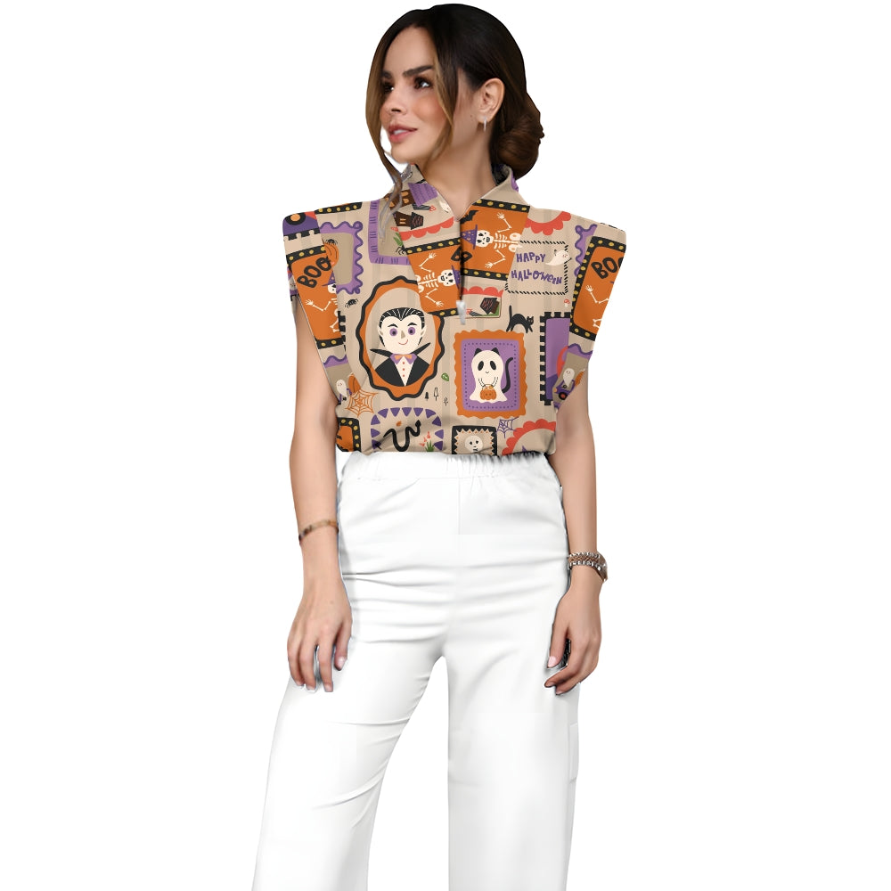 Women's Stand-Up Tie Zipper Halloween Printed Scrub Set SJ91735
