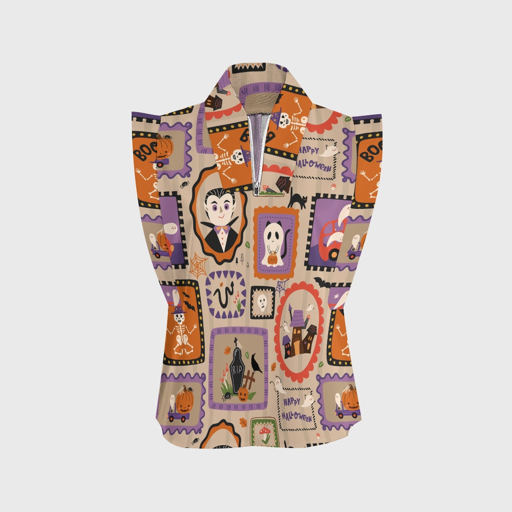 Women's Stand-Up Tie Zipper Halloween Printed Scrub Set SJ91735