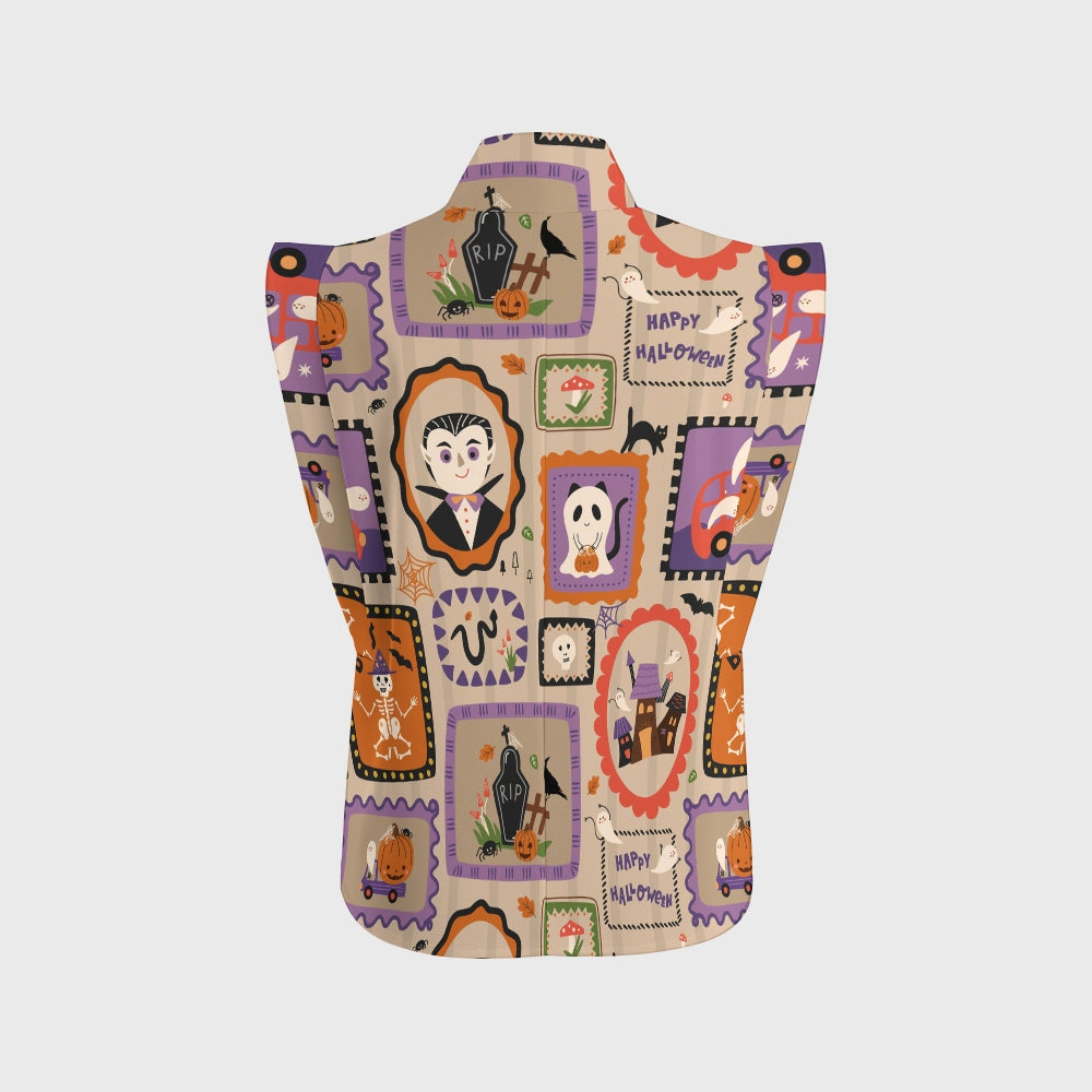 Women's Stand-Up Tie Zipper Halloween Printed Scrub Set SJ91735