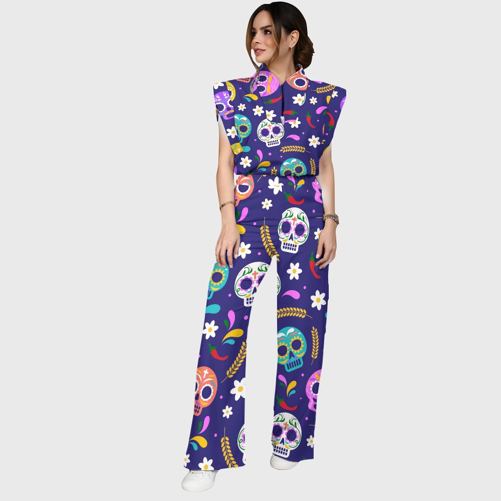 Women's Stand-Up Tie Zipper Halloween Printed Scrub Set SJ91736