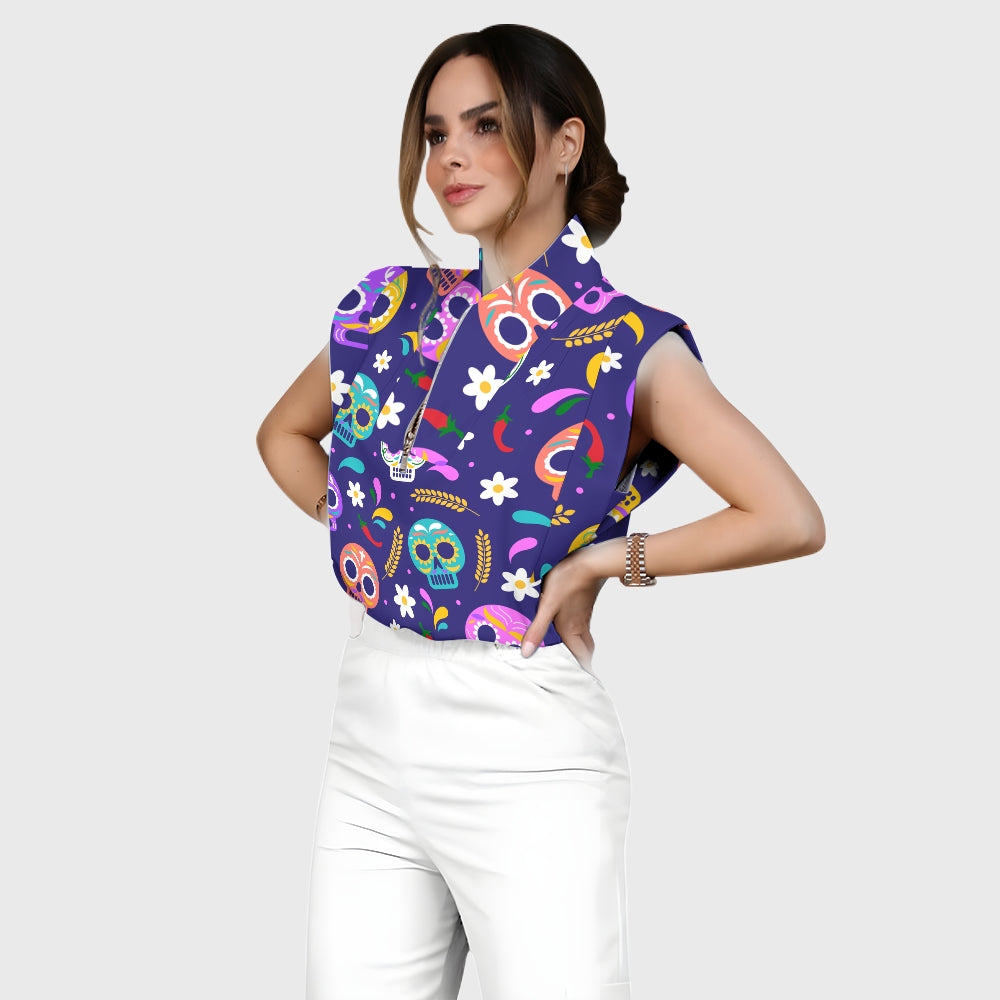 Women's Stand-Up Tie Zipper Halloween Printed Scrub Set SJ91736