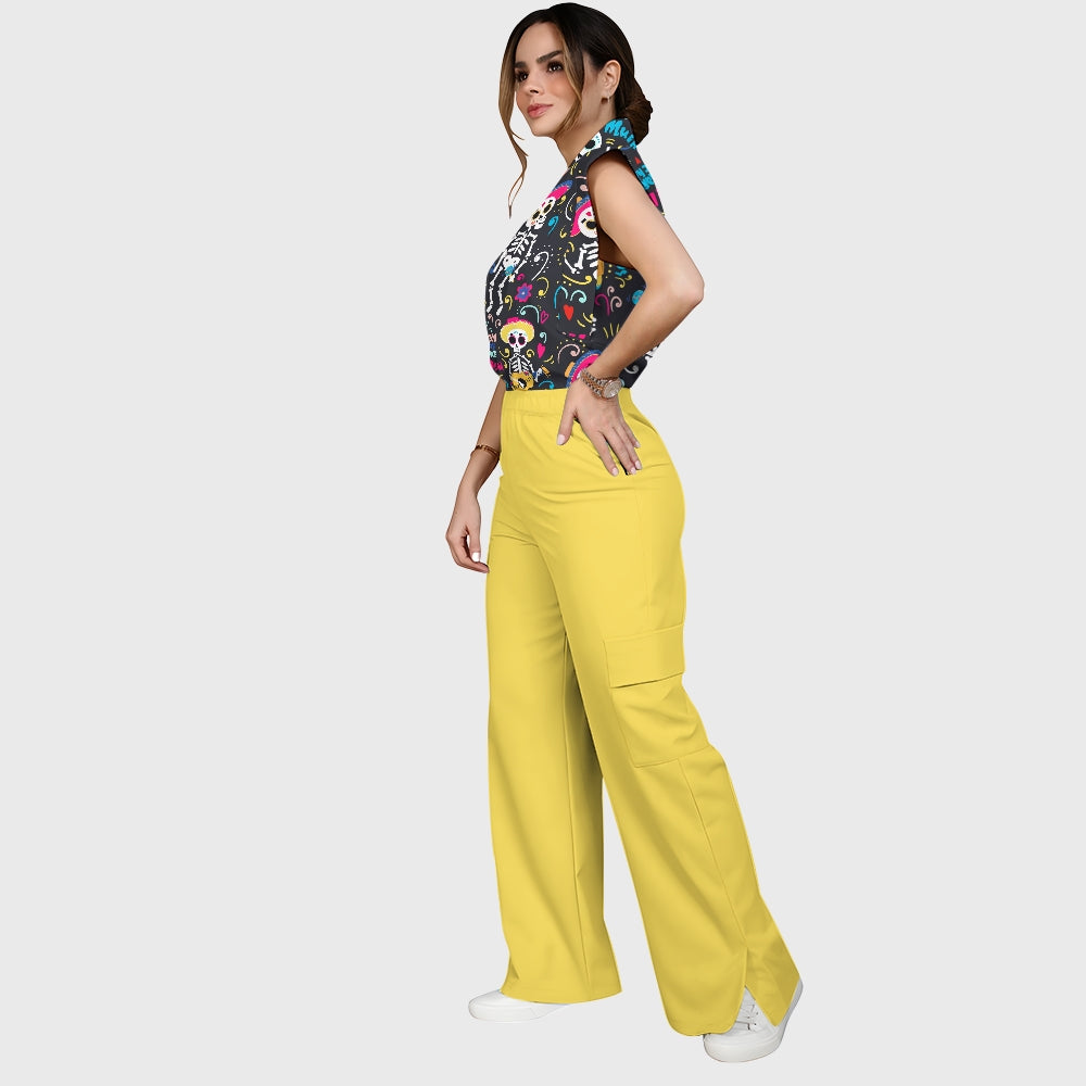 Women's Stand-Up Tie Zipper Halloween Printed Scrub Set SJ91737