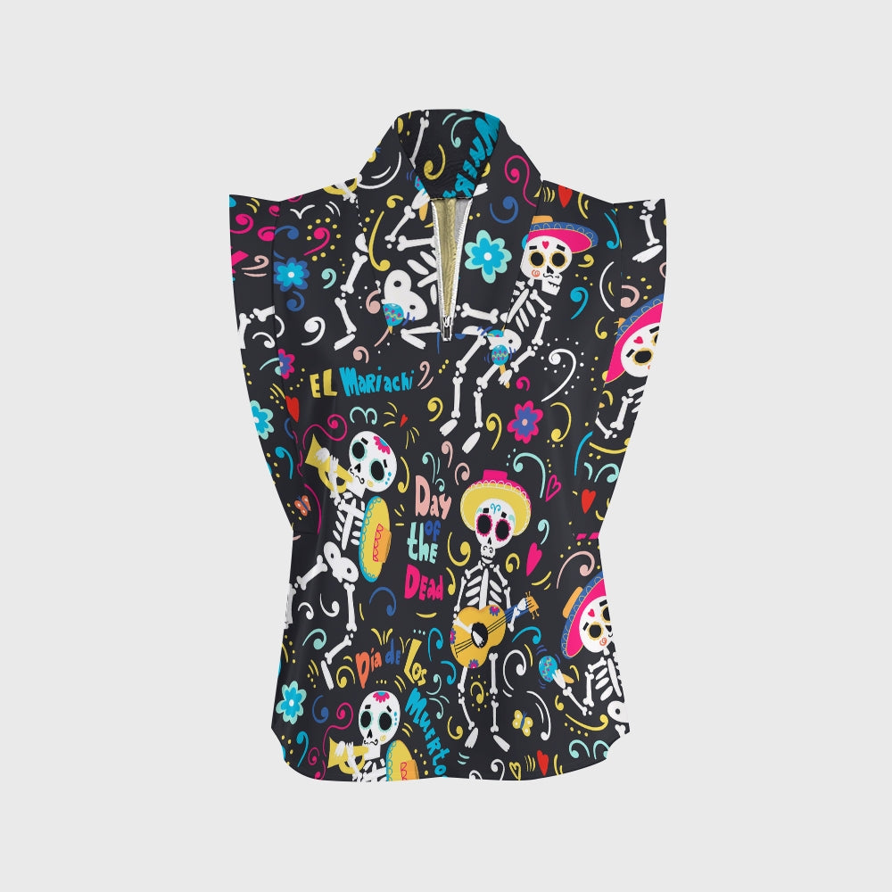 Women's Stand-Up Tie Zipper Halloween Printed Scrub Set SJ91737