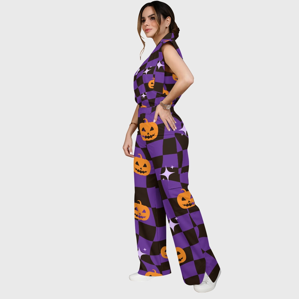 Women's Stand-Up Tie Zipper Halloween Printed Scrub Set SJ91738