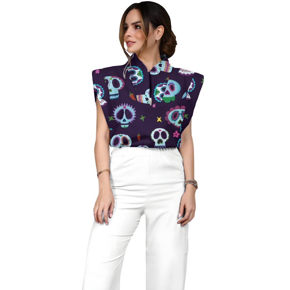 Women's Stand-Up Tie Zipper Halloween Printed Scrub Set SJ91745