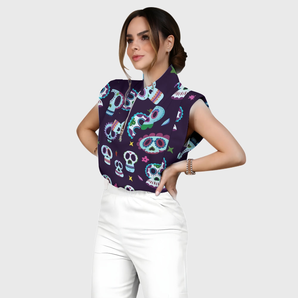 Women's Stand-Up Tie Zipper Halloween Printed Scrub Set SJ91745