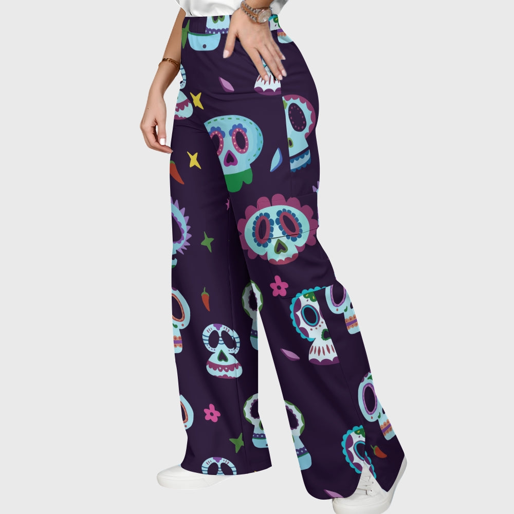 Women's Stand-Up Tie Zipper Halloween Printed Scrub Set SJ91745
