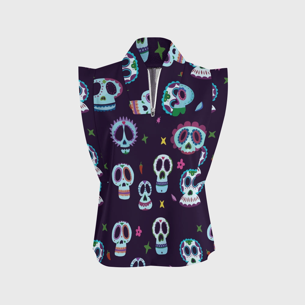 Women's Stand-Up Tie Zipper Halloween Printed Scrub Set SJ91745