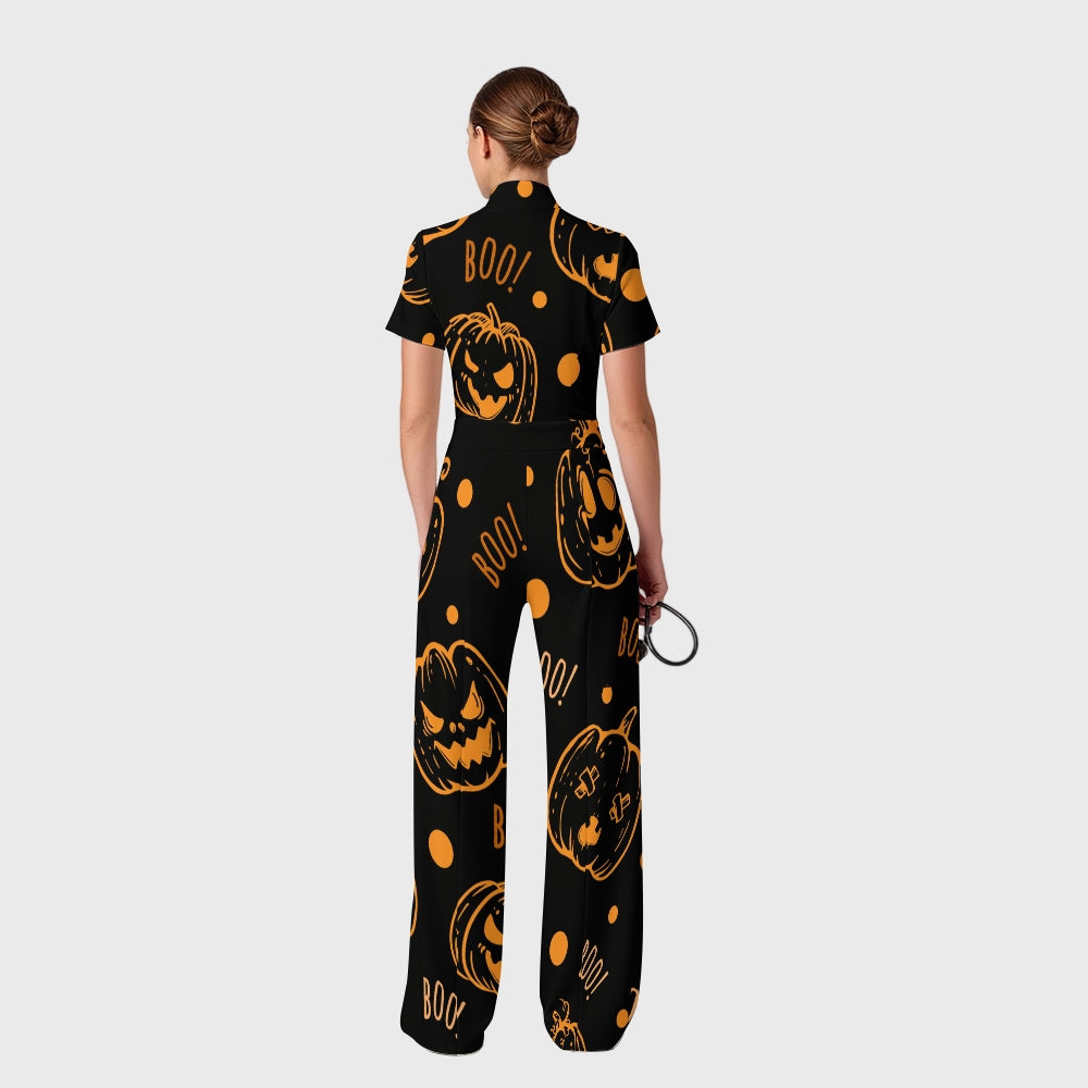 Women's Slim Fit Wide Leg Zip Neck Halloween Printed Scrub Jumpsuit SJ9251