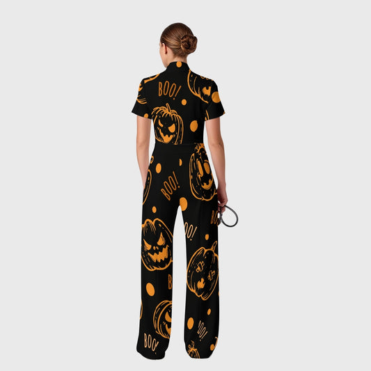 Women's Slim Fit Wide Leg Zip Neck Halloween Printed Scrub Jumpsuit SJ9251