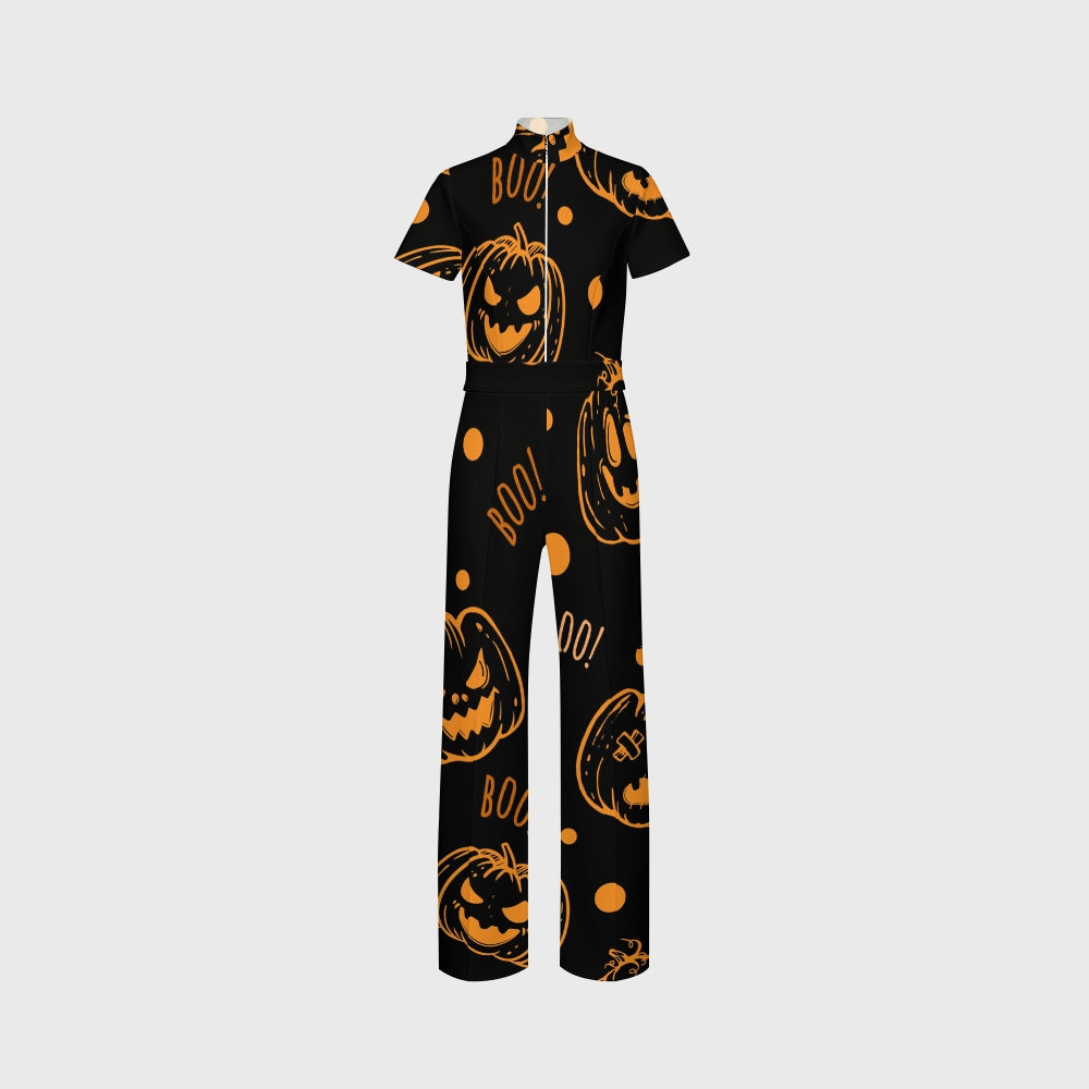 Women's Slim Fit Wide Leg Zip Neck Halloween Printed Scrub Jumpsuit SJ9251