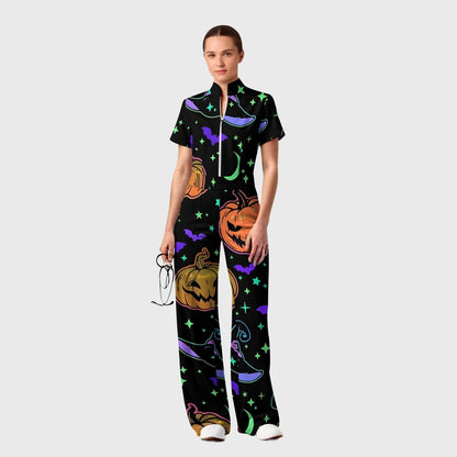 Women's Slim Fit Wide Leg Zip Neck Halloween Printed Scrub Jumpsuit SJ9252