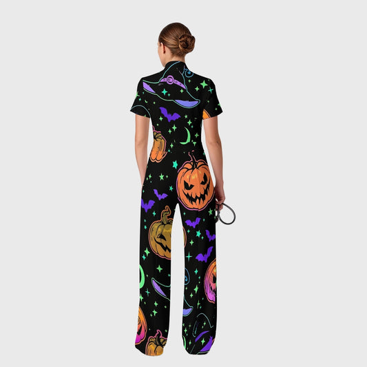 Women's Slim Fit Wide Leg Zip Neck Halloween Printed Scrub Jumpsuit SJ9252