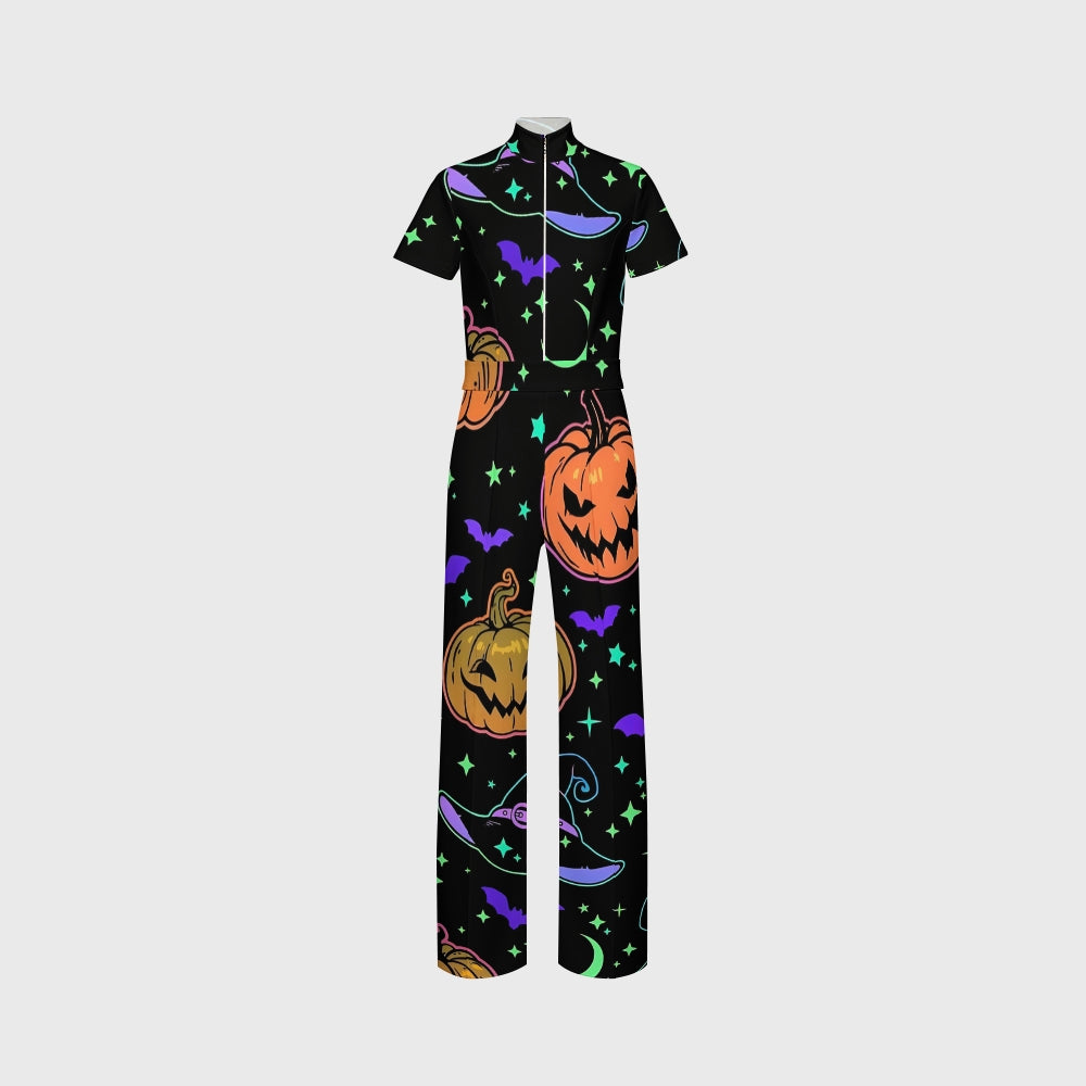 Women's Slim Fit Wide Leg Zip Neck Halloween Printed Scrub Jumpsuit SJ9252
