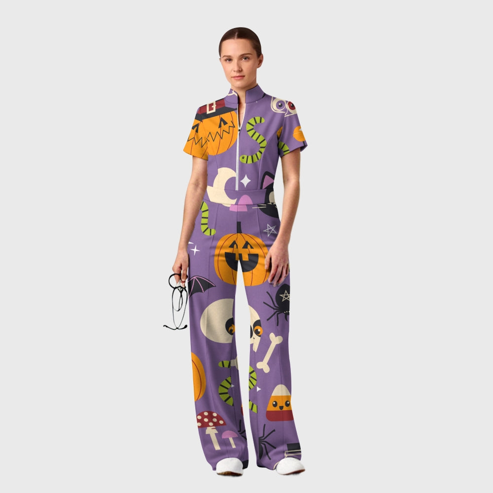 Women's Slim Fit Wide Leg Zip Neck Halloween Printed Scrub Jumpsuit SJ9253
