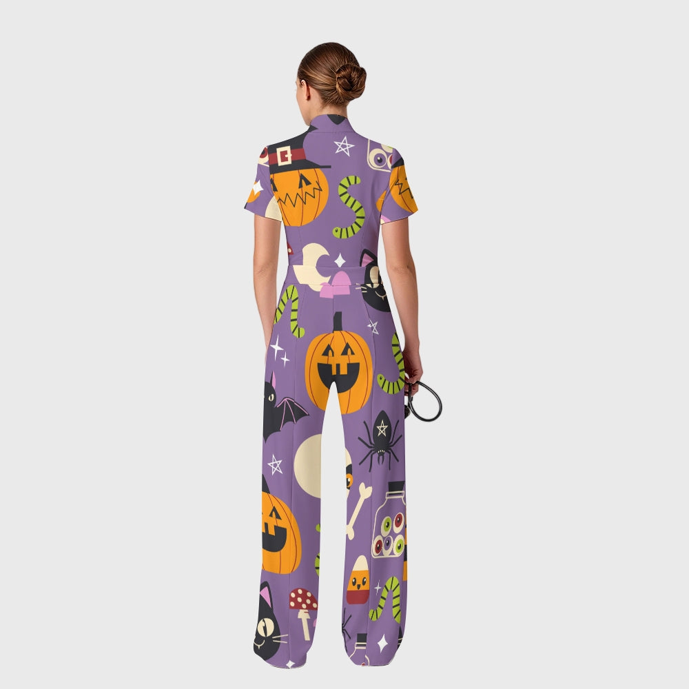 Women's Slim Fit Wide Leg Zip Neck Halloween Printed Scrub Jumpsuit SJ9253
