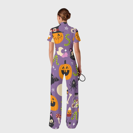 Women's Slim Fit Wide Leg Zip Neck Halloween Printed Scrub Jumpsuit SJ9253