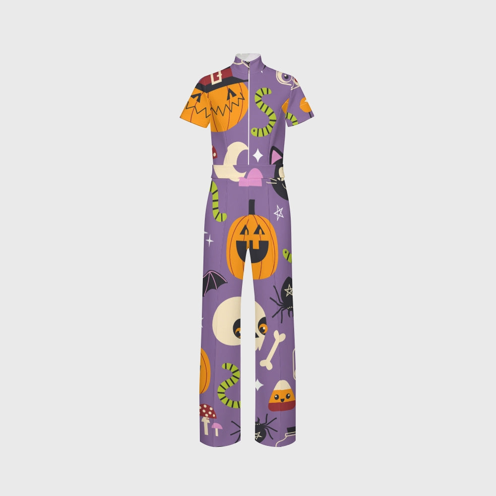 Women's Slim Fit Wide Leg Zip Neck Halloween Printed Scrub Jumpsuit SJ9253