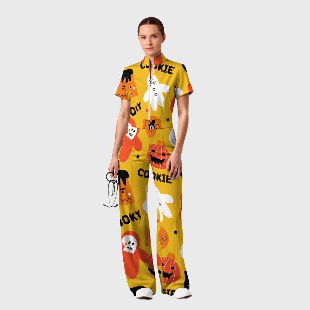 Women's Slim Fit Wide Leg Zip Neck Halloween Printed Scrub Jumpsuit SJ9254