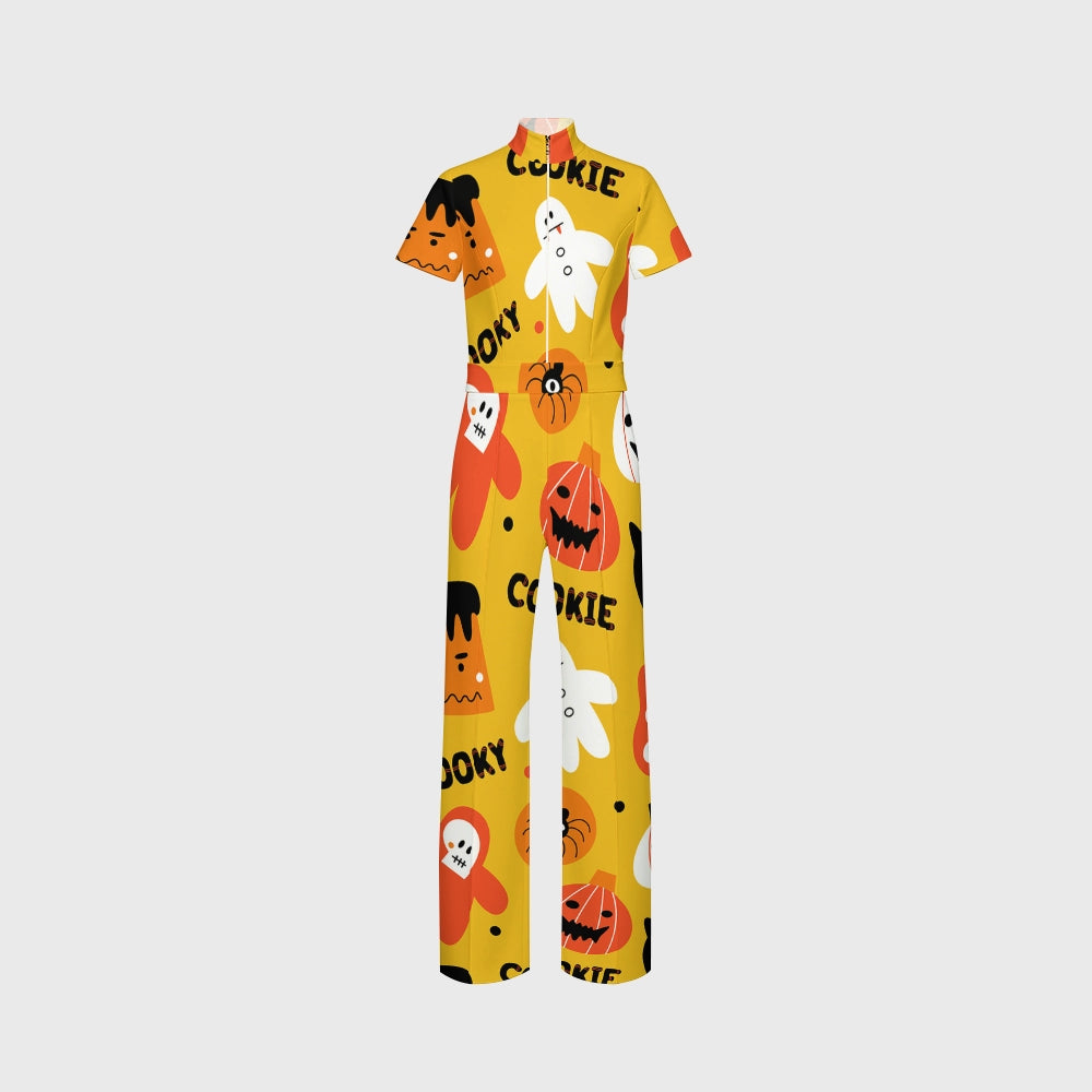 Women's Slim Fit Wide Leg Zip Neck Halloween Printed Scrub Jumpsuit SJ9254