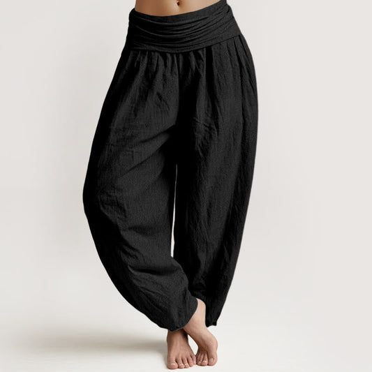 Pure Cotton Plain Black Women's Elastic Waist Harem Pants