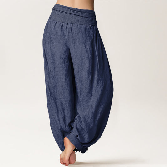 Plain DarkSlateBlue Pure Cotton Women's Elastic Waist Harem Pants