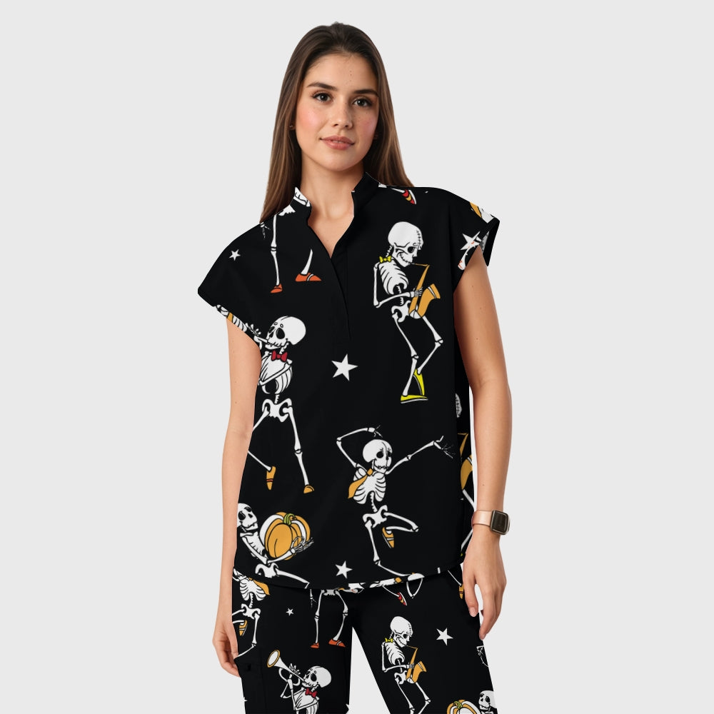 Women's Open Collar Halloween Printed Scrub Set SH9254