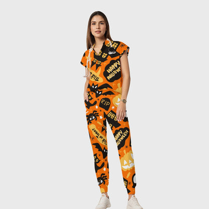 Women's Open Collar Halloween Printed Scrub Set SH9257