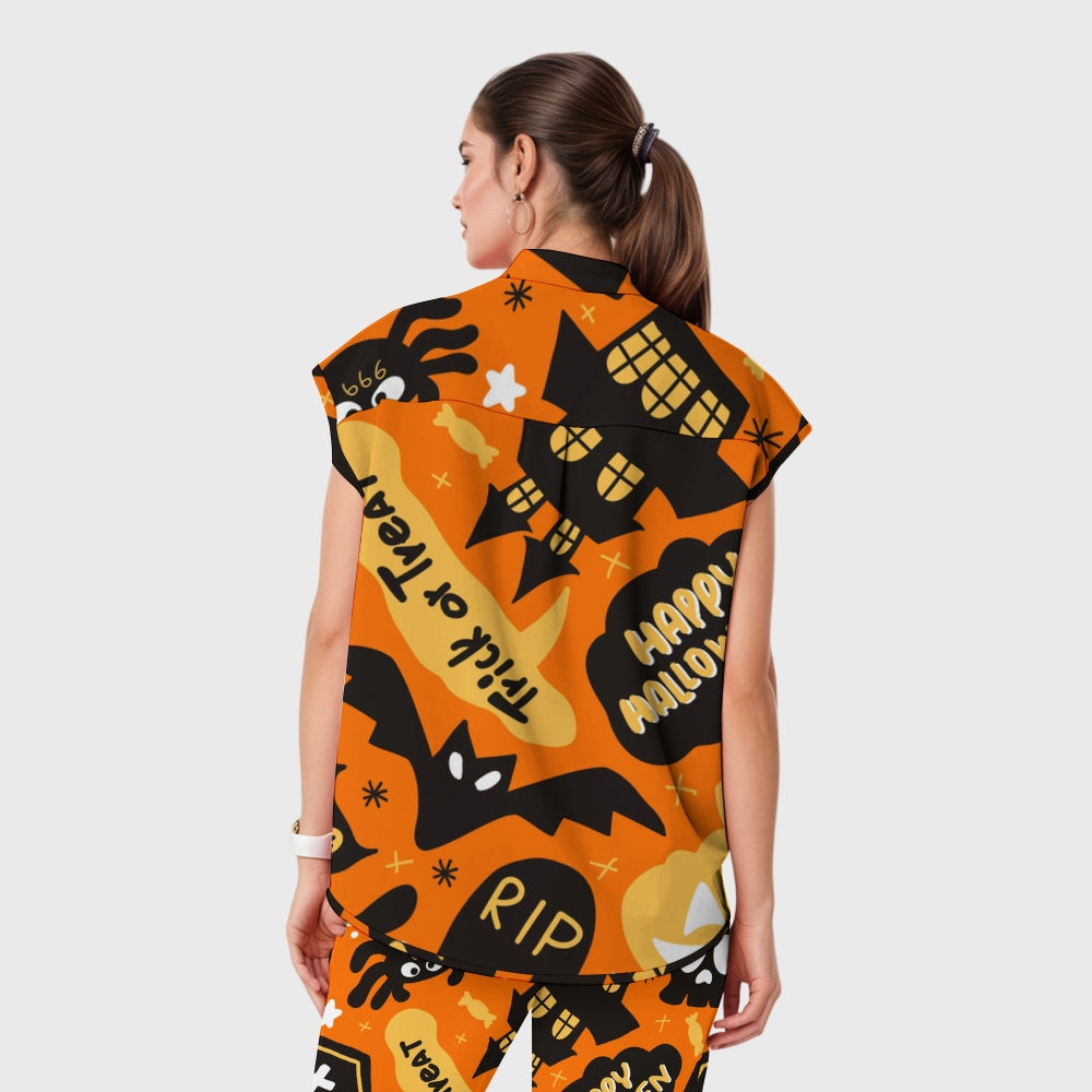 Women's Open Collar Halloween Printed Scrub Set SH9257