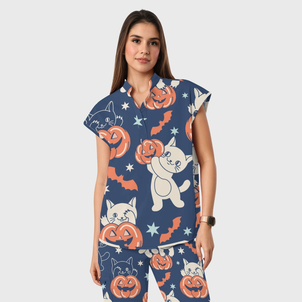 Women's Open Collar Halloween Printed Scrub Set SH9258