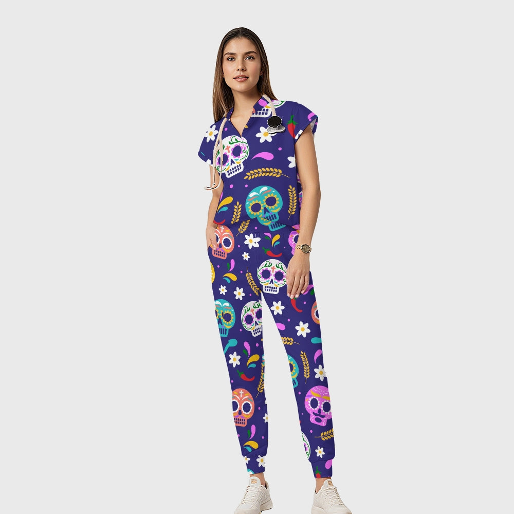 Women's Open Collar Halloween Printed Scrub Set SH925510