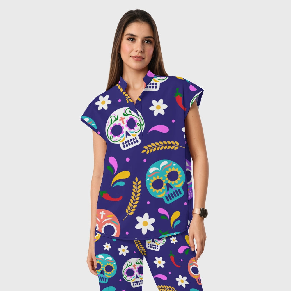 Women's Open Collar Halloween Printed Scrub Set SH925510