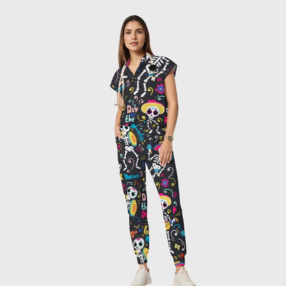 Women's Open Collar Halloween Printed Scrub Set SH92511