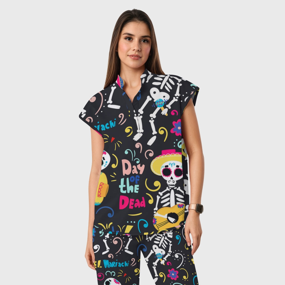 Women's Open Collar Halloween Printed Scrub Set SH92511
