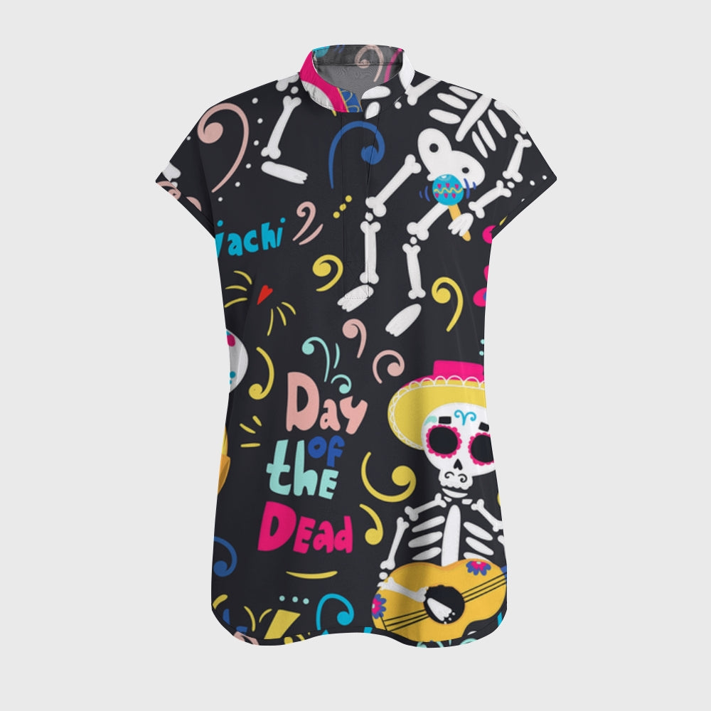 Women's Open Collar Halloween Printed Scrub Set SH92511