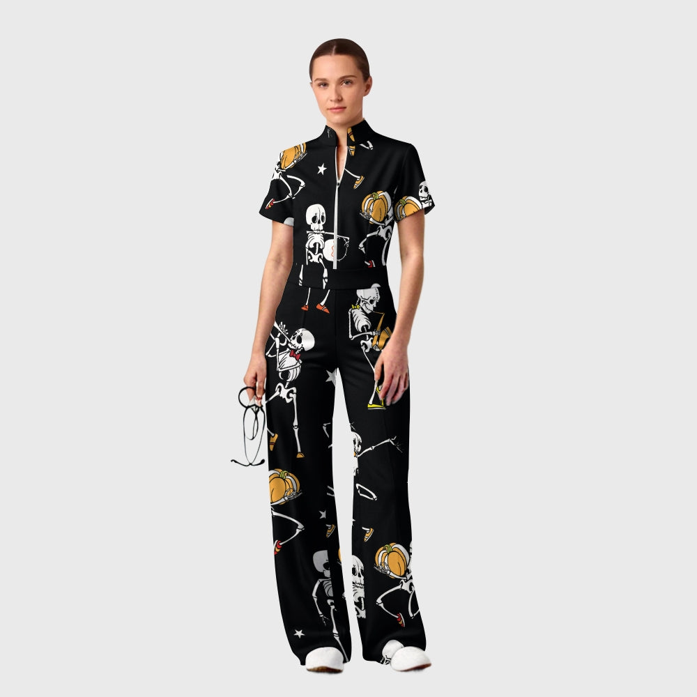 Women's Slim Fit Wide Leg Zip Neck Halloween Printed Scrub Jumpsuit SJ9255