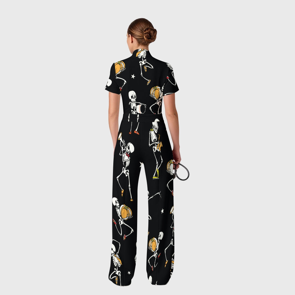 Women's Slim Fit Wide Leg Zip Neck Halloween Printed Scrub Jumpsuit SJ9255