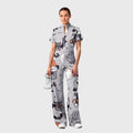 Women's Slim Fit Wide Leg Zip Neck Halloween Printed Scrub Jumpsuit SJ9256