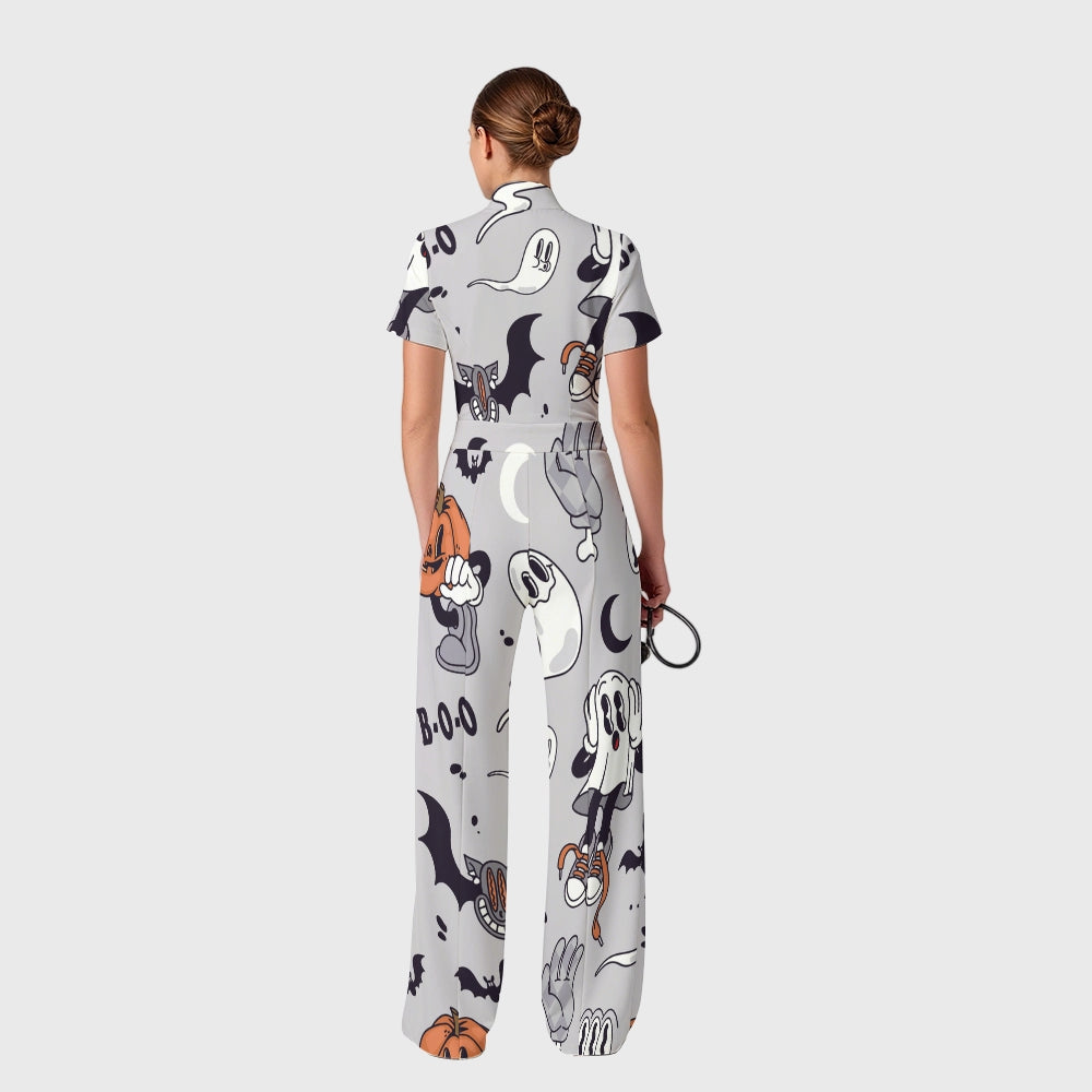 Women's Slim Fit Wide Leg Zip Neck Halloween Printed Scrub Jumpsuit SJ9256