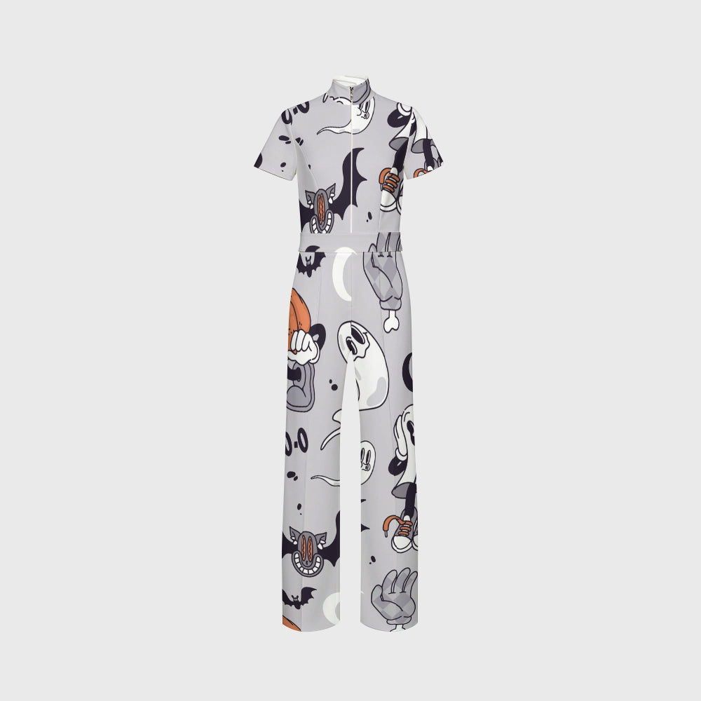 Women's Slim Fit Wide Leg Zip Neck Halloween Printed Scrub Jumpsuit SJ9256