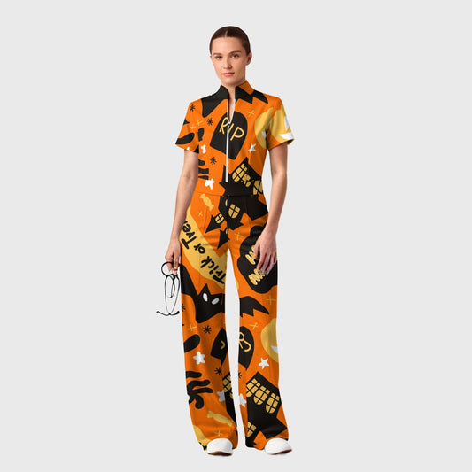 Women's Slim Fit Wide Leg Zip Neck Halloween Printed Scrub Jumpsuit SJ9257