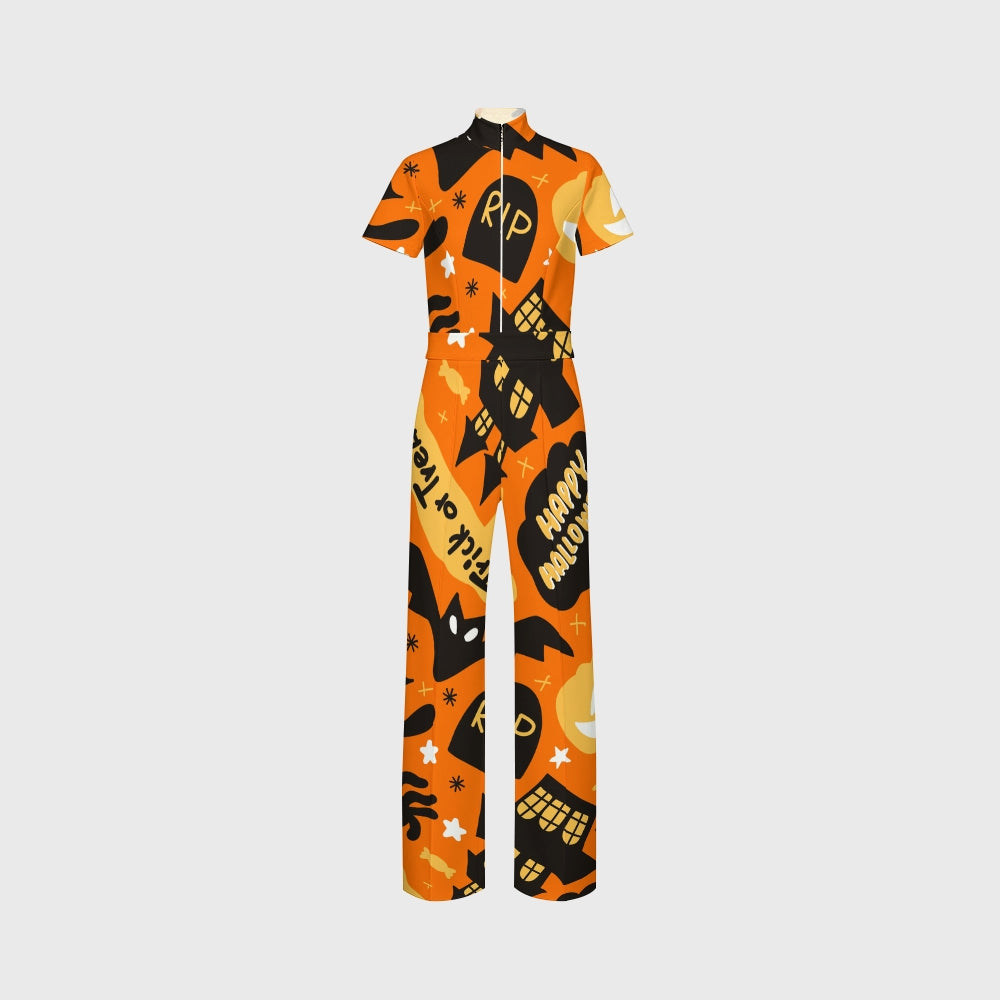 Women's Slim Fit Wide Leg Zip Neck Halloween Printed Scrub Jumpsuit SJ9257
