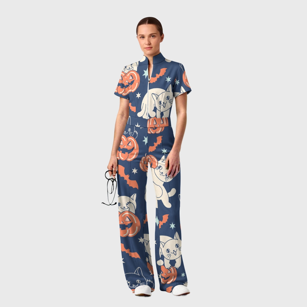 Women's Slim Fit Wide Leg Zip Neck Halloween Printed Scrub Jumpsuit SJ9258