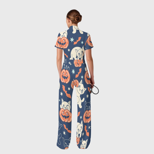 Women's Slim Fit Wide Leg Zip Neck Halloween Printed Scrub Jumpsuit SJ9258