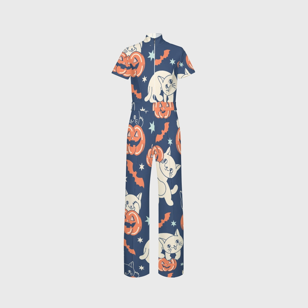 Women's Slim Fit Wide Leg Zip Neck Halloween Printed Scrub Jumpsuit SJ9258
