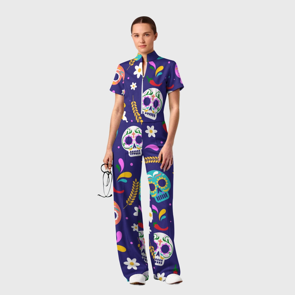 Women's Slim Fit Wide Leg Zip Neck Halloween Printed Scrub Jumpsuit SJ9259