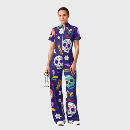 Women's Slim Fit Wide Leg Zip Neck Halloween Printed Scrub Jumpsuit SJ9259
