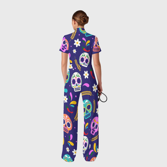 Women's Slim Fit Wide Leg Zip Neck Halloween Printed Scrub Jumpsuit SJ9259