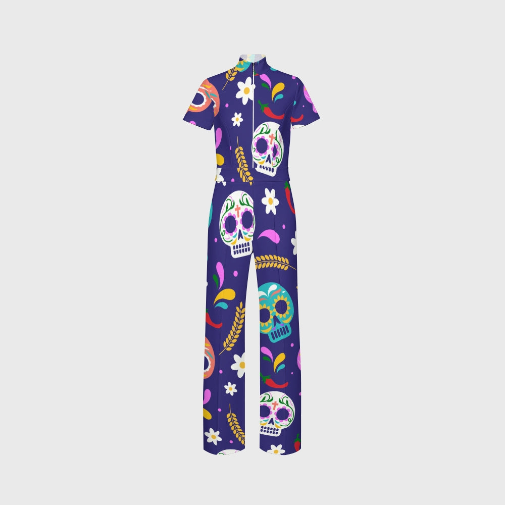 Women's Slim Fit Wide Leg Zip Neck Halloween Printed Scrub Jumpsuit SJ9259